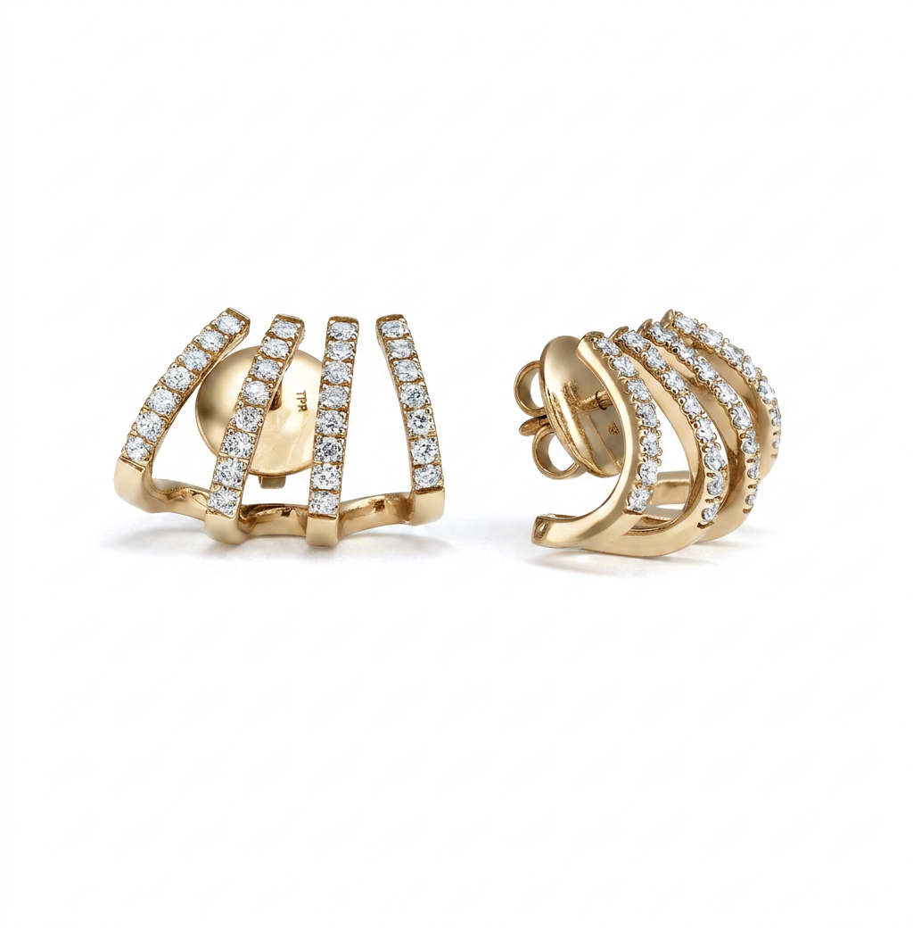 4 row huggie earrings — yellow gold earrings, front view packshot