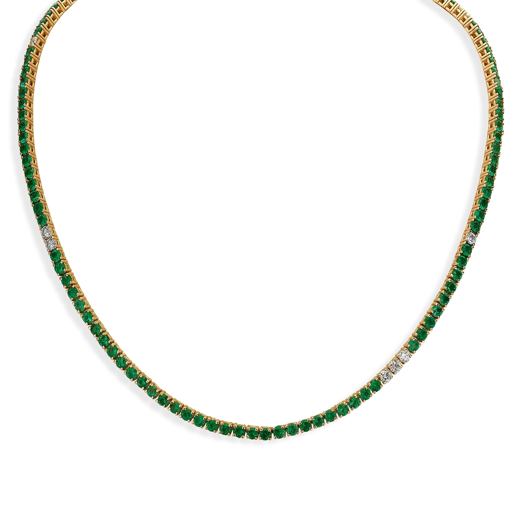 PAckshot - Mixed green emerald and diamonds tennis necklace in 18k gold