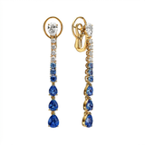Diamond eand pear shape blue sapphire hanging earrings — yellow gold earrings, front view packshot