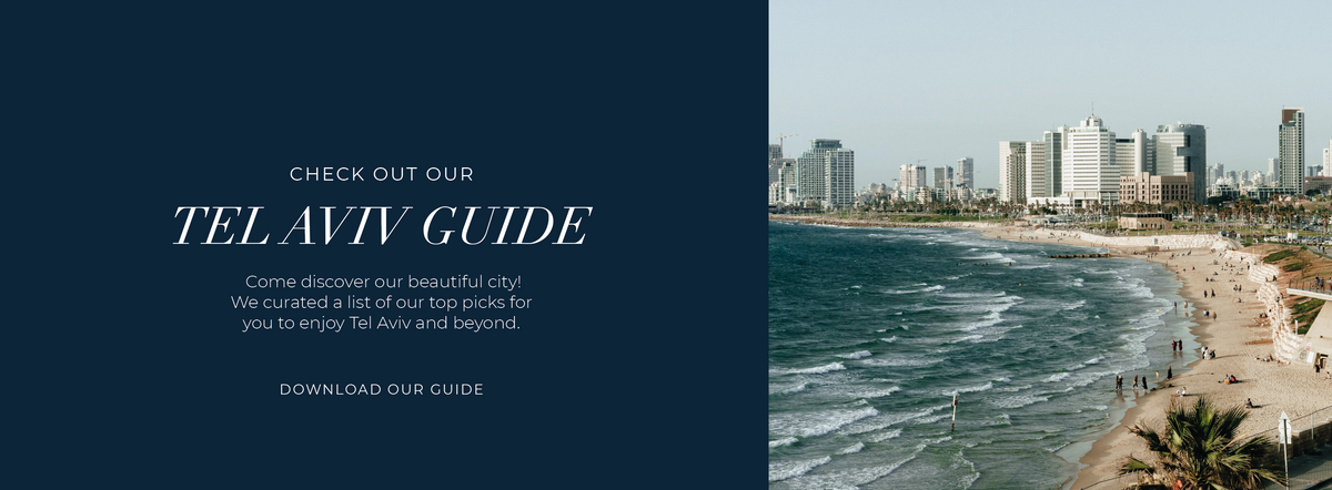 A Tel Aviv travel guide featuring a coastal cityscape of Tel Aviv on the right showing beach, ocean, and high-rise buildings.