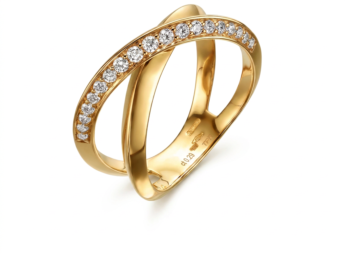 **AN INTERSECTION OF ELEGANCE A DANCE OF LIGHT** — yellow gold ring, front view packshot
