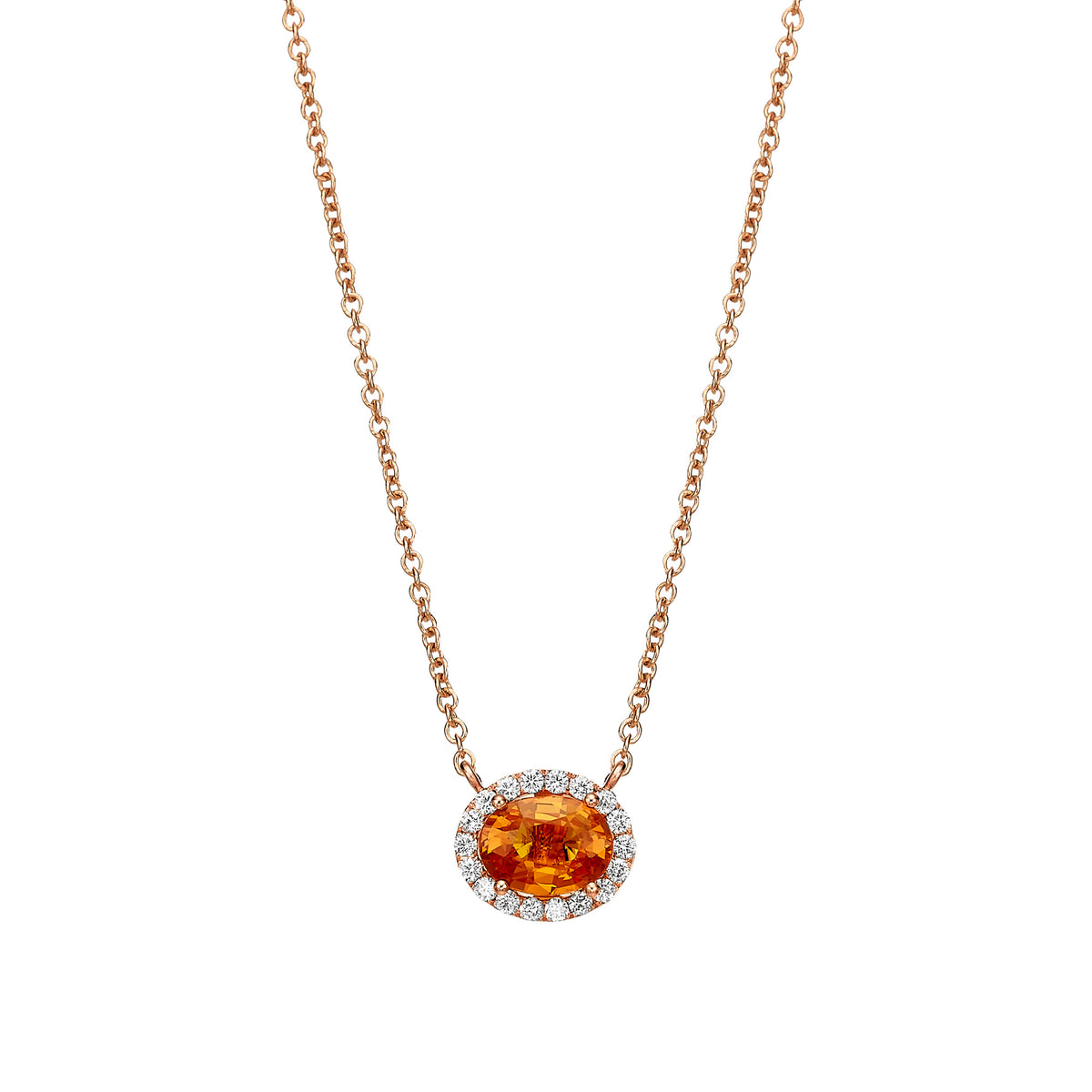 Oval Orange Sapphire Diamond Halo Necklace Rose Gold