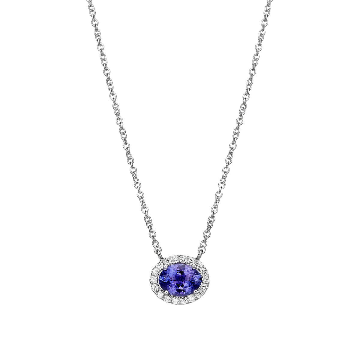 Oval Blue Tanzanite Diamond Halo Necklace