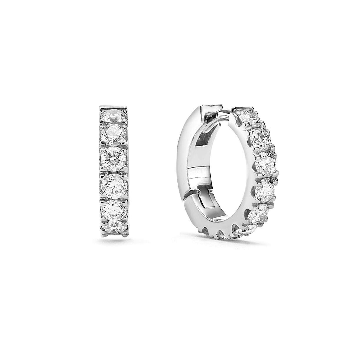 Packshot - small Diamond huggie earring with large stones in 18k white gold