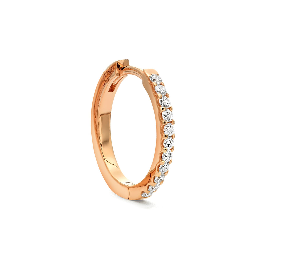 Packshot - A gold-colored diamond hoop earring with a secured closure, featuring a row of diamonds around the hoop.