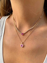 Pink Sapphire heart on bezel diamond necklace