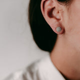 Lifestyle - Pave setting round diamond studs in yellow gold on ear