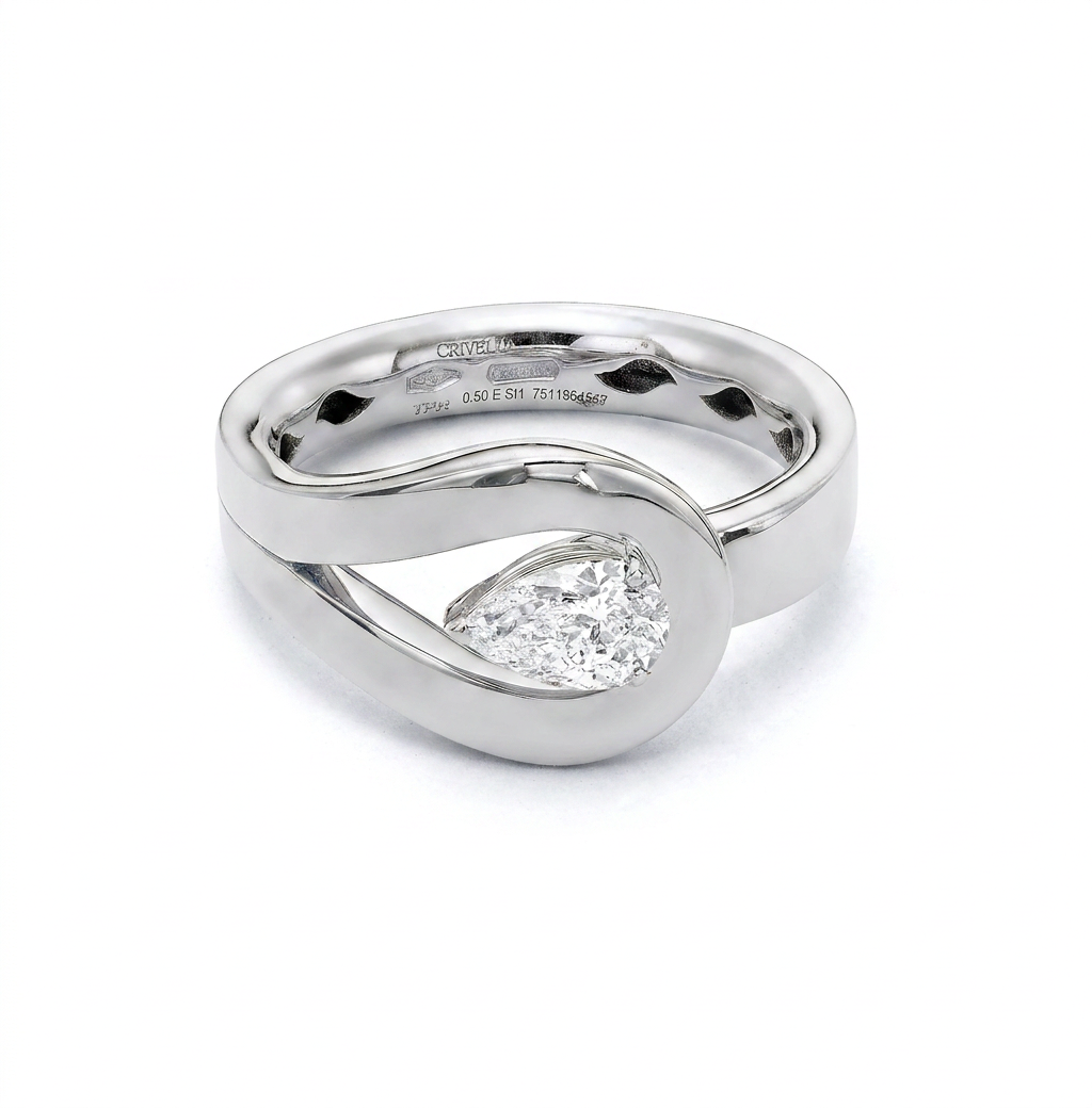 Packshot - Pear shape diamond knot ring set in 18k white gold