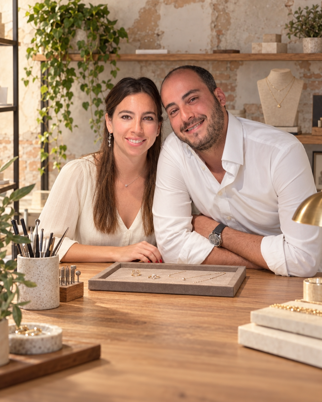 A smiling couple, Magali Dayagi and Daniel Dayagi, founders and owners of The Private Room Fine Jewelry
