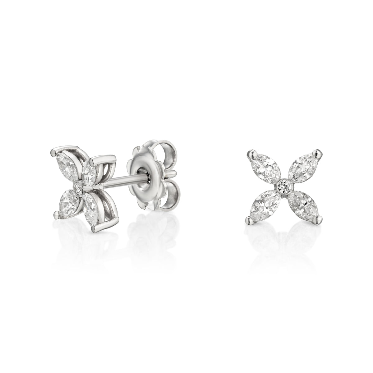 Marquise diamond flower stud earrings  set in 18k gold with round diamond in center