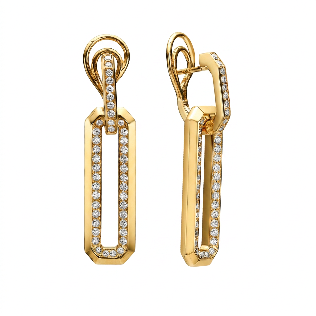 ARCHITECTURAL RADIANCE AN ODE TO MODERN LINEARITY — yellow gold earrings, front view packshot