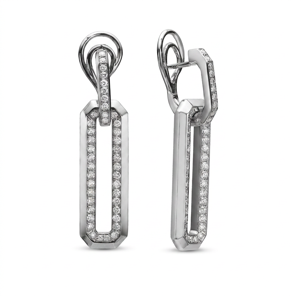 ARCHITECTURAL RADIANCE AN ODE TO MODERN LINEARITY — white gold earrings, front view packshot