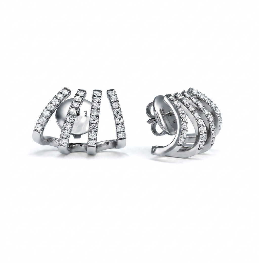 Solid Gold Diamond 4-Row Stud Earrings- 18k white gold 