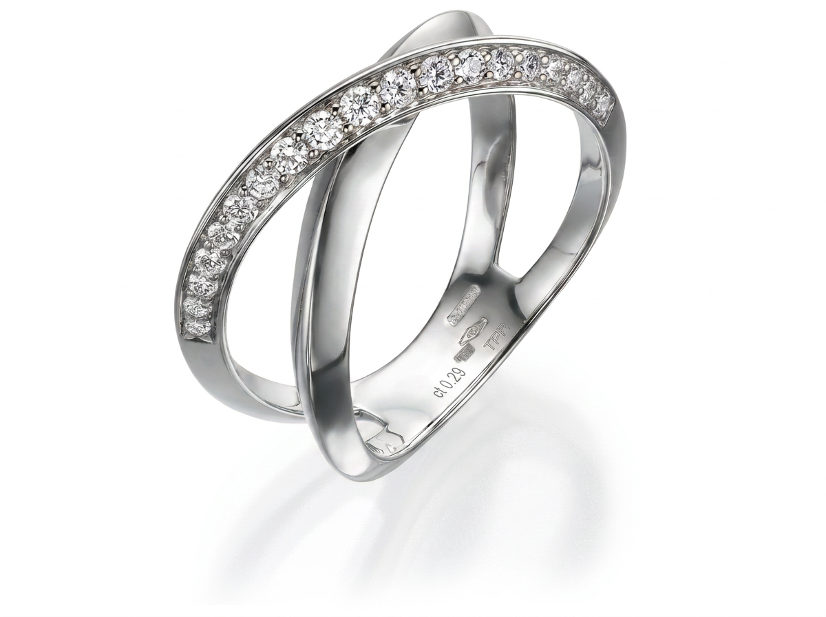 **AN INTERSECTION OF ELEGANCE A DANCE OF LIGHT** — white gold ring, front view packshot