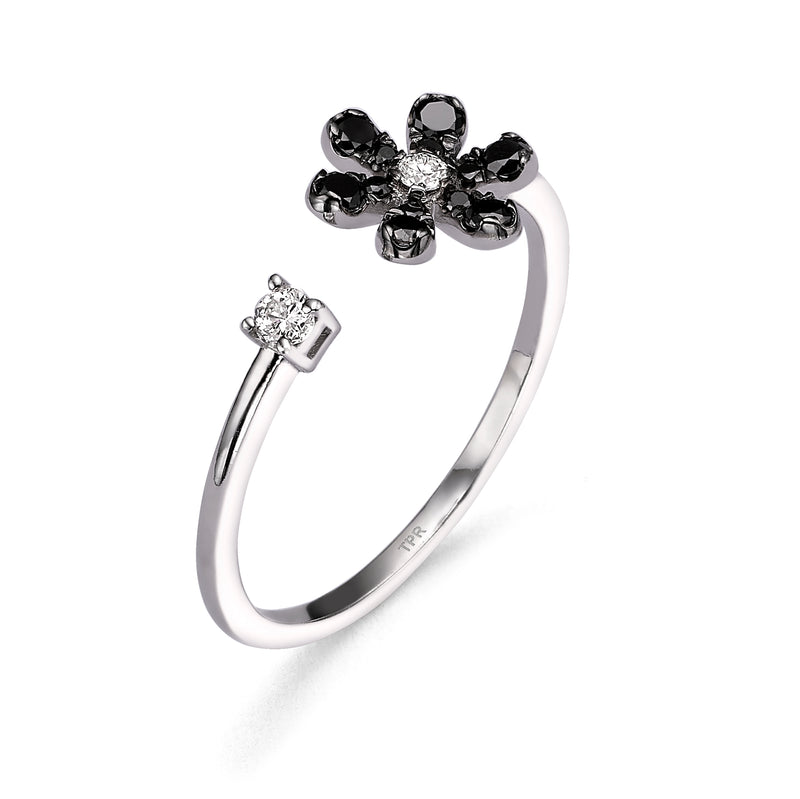 Open Flower Black Diamond Ring 18k White Gold