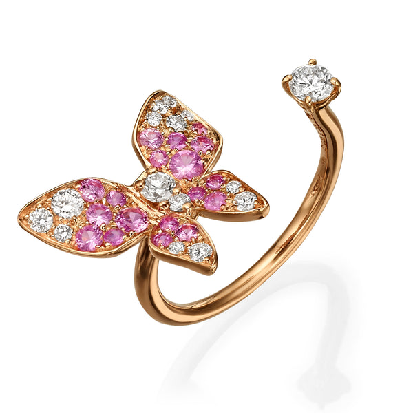 Pink sapphire and diamonds open butterfly ring 18K rose 