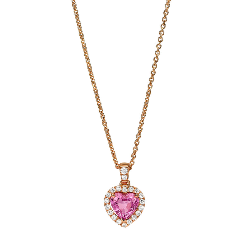Heart shape pink sapphire halo necklace 18k