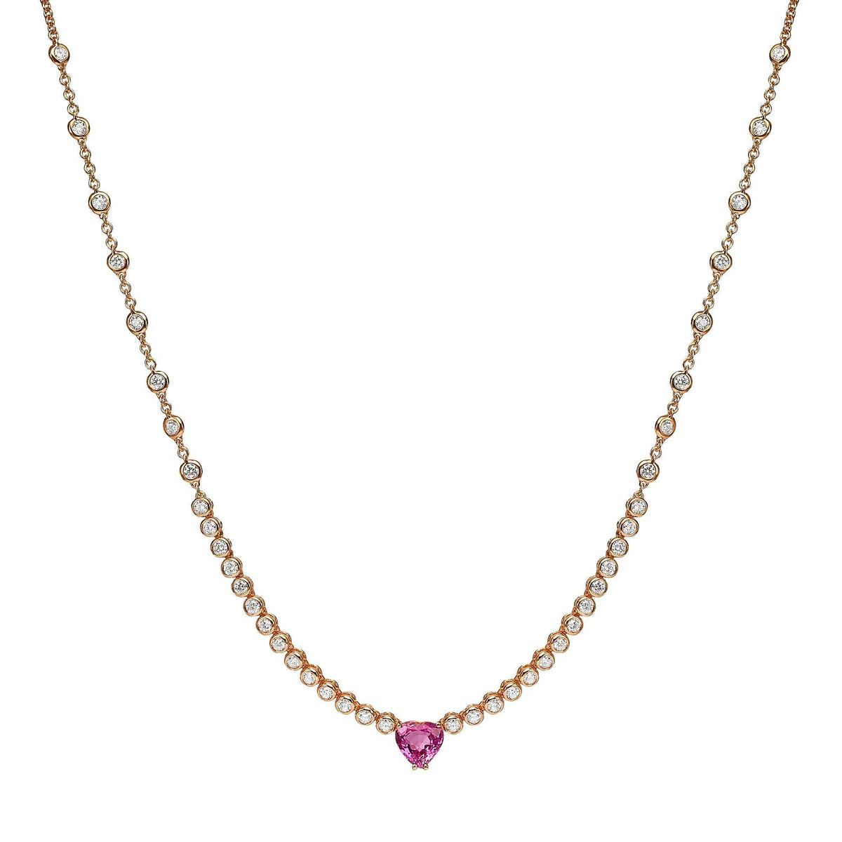 Pink Sapphire heart on bezel diamond necklace