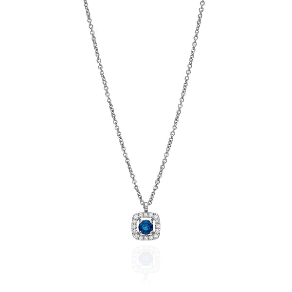 Diamond and Blue Sapphire Halo Necklace