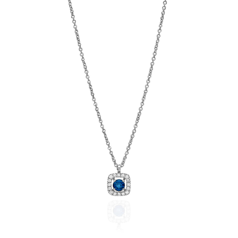 Diamond and Blue Sapphire Halo Necklace