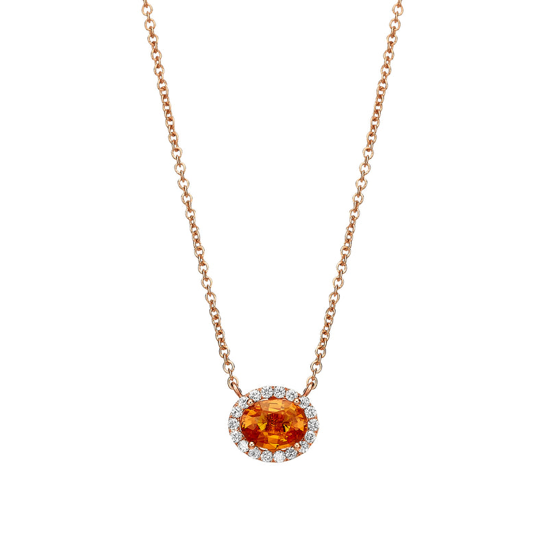 Oval Orange Sapphire Diamond Halo Necklace Rose Gold