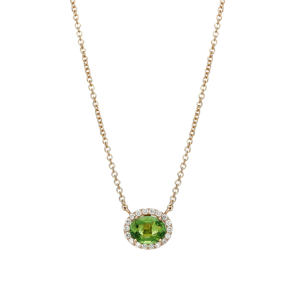Oval Green Sapphire Diamond Halo Necklace Rose Gold