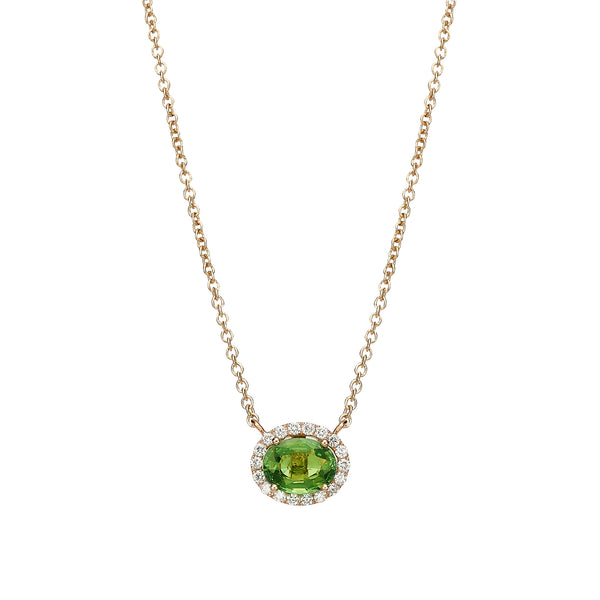 Oval Green Sapphire Diamond Halo Necklace Rose Gold