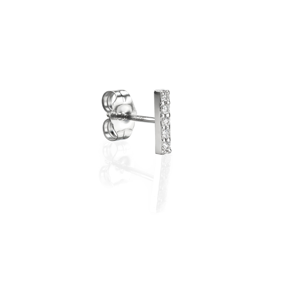 Packshot - A single pair of diamond bar earrings with a gold band and sparkling diamonds set in a classic six-prong setting.