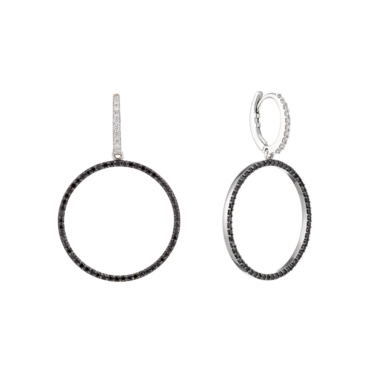 Circle Drop Black and White Diamonds Earrings 18K Gold