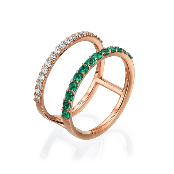 Diamond and Emerald Double Band Ring rose 18K