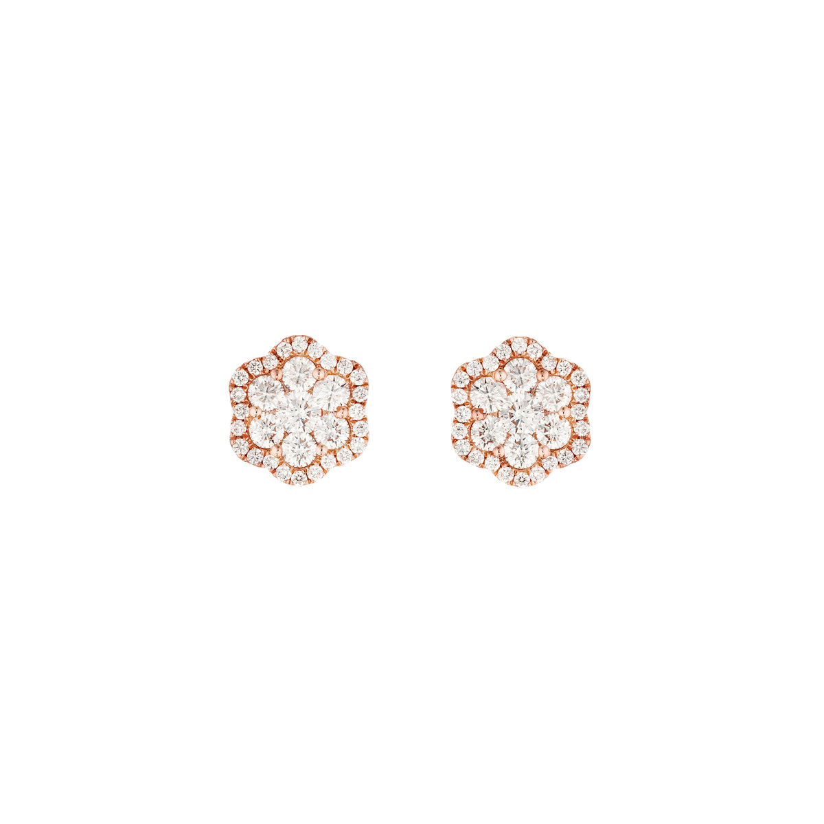 Packshot - A pair of rose gold diamond pave flower earrings.