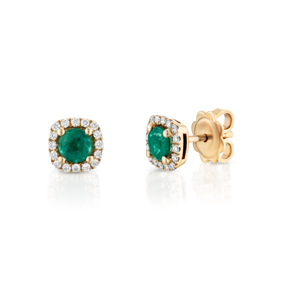 Packshot -  Green emerald and diamond halo studs 18K gold