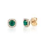 Packshot -  Green emerald and diamond halo studs 18K gold